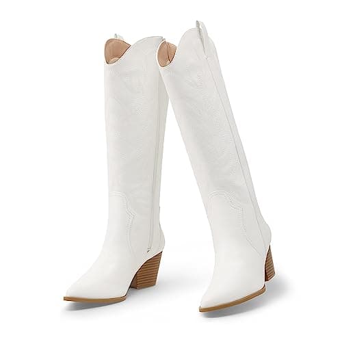 Comfortable Women's Arromic Embroidered Knee High Western Cowgirl Boots — White