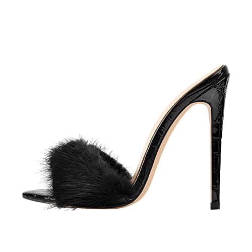 Richealnana Women's Fur Fuzzy Sexy Stiletto Heels — Black