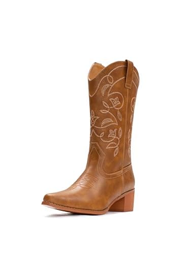 IUV Women's Pointy Toe Western Boots Mid Calf Cowgirl Boots — Chestnut