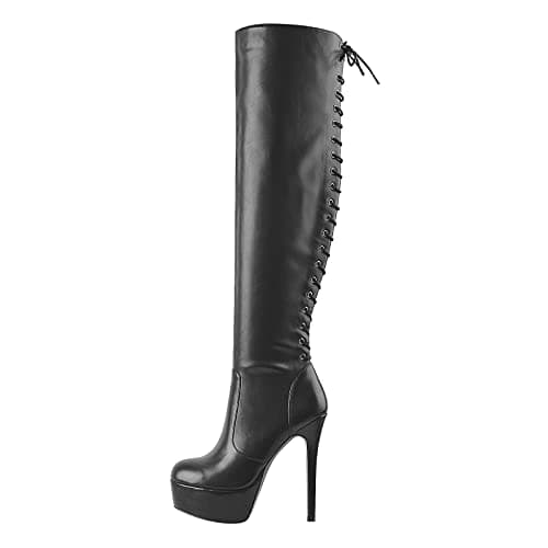 Richealnini Women's Lace-Up Knee High Stiletto Boots — Black