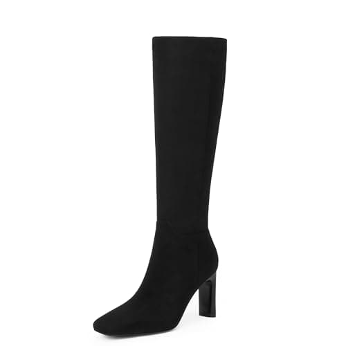 Modatope Women's Knee High Square Toe Chunky Heel Boot — Black Suede
