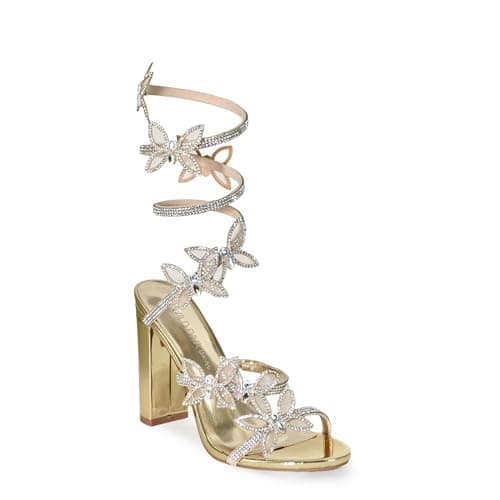 Wild Diva Women's Morris-581 Rhinestone Butterfly Detail Chunk Heel — Gold Pu