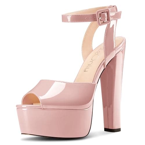 NobleOnly Chunky Heel Ankle Strap Sandals for Women Wedding Party Prom 5.9 Inches — Pale Pink