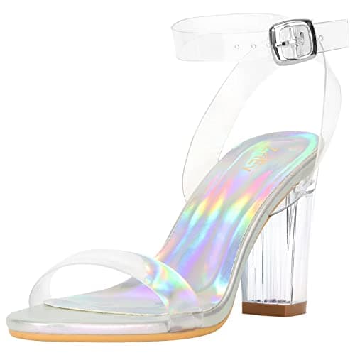 ZriEy Clear Block Sandals for Women Chunky Heels Open Toe Adjustable Ankle Strap Pump — Silver Clear