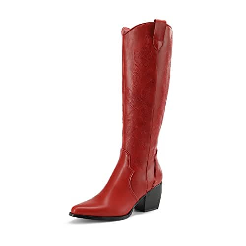 Womens Cowboy Boots - Comfortable, Chunky Heel, Pointed Toe, Embroidered Western Cowgirl Knee High Boots — Red
