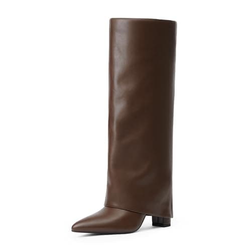 Modatope Chunky Heel Knee High Zipper Boots for Women — Brown Pu