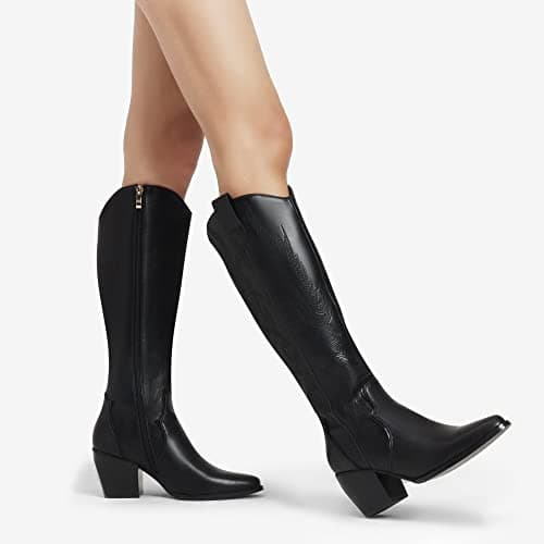 Womens Cowboy Boots - Comfortable, Chunky Heel, Pointed Toe, Embroidered Western Cowgirl Knee High Boots