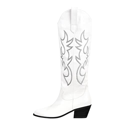 Richealnana Women's Cowgirl Short Embroidered Boots with Chunky Heels — White 4