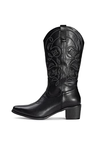 IUV Women's Pointy Toe Western Boots Mid Calf Cowgirl Boots — Black