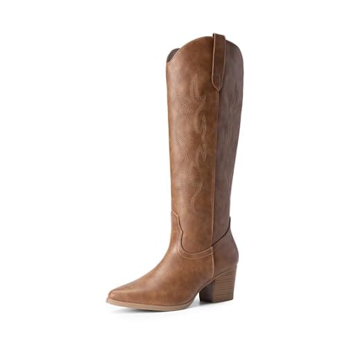 Dream Pairs Western Cowboy Boots for Women - Comfortable Knee High Zipper Heels — Brown