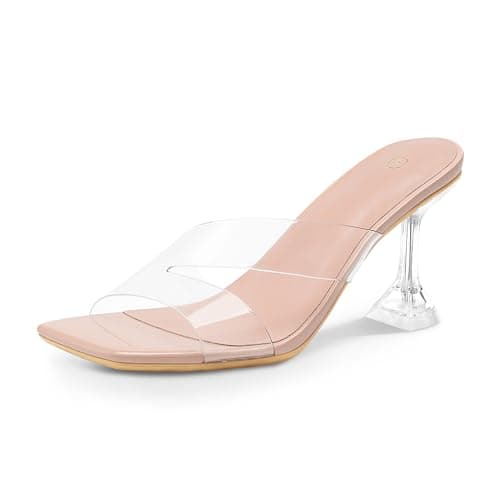 mysoft Women's Clear Stiletto Heeled Sandals Square Toe Open Toe Slip On — Nude Cross