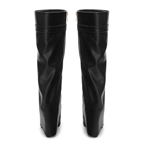 DEMOSHINE Women's Knee High Zipper Fold Over Wedge Heel Boots