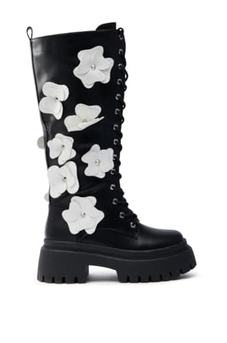 Richealnana Women's Floral Knee High Lace-Up Boots with Zipper Heel
