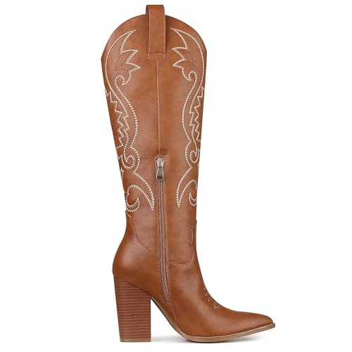 VOMIRA Women's Pointed Toe Chunky Heel Embroidered Knee High Cowboy Boots — Brownpu