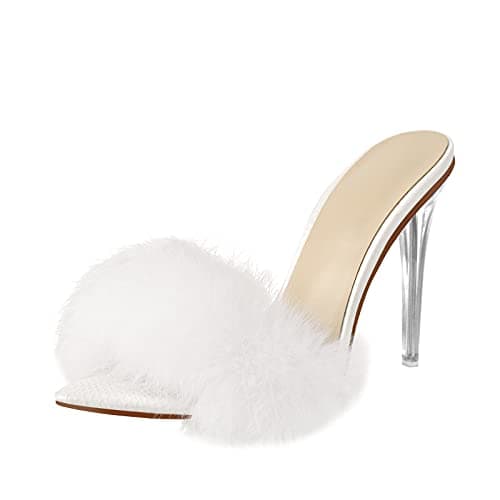 LISHAN Women's Fur Mules Slide Sandals — White