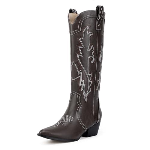 IDIFU IN2 Women's Embroidered Cowgirl Knee-High Western Boots — Dark Brown