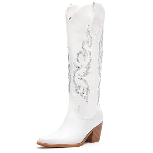 Platikly Women's Wide Calf Rhinestone Knee High western Boots with Glitter Zipper — White & Rhinestone