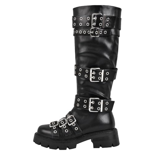Richealnana Women's Combat Knee High Boots with Lug Sole and Gothic Buckles