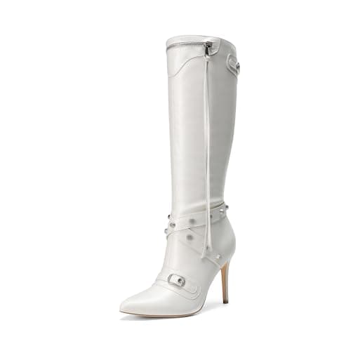 Dream Pairs Women's Metallic Knee High Stiletto Heeled Pointed Toe Dress Boots with Stud Zip Tassel — White