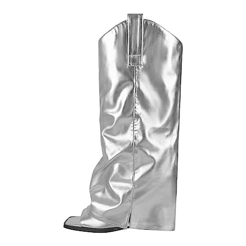 Richealnana Women's Calf High Fold Over Cowboy Boots Jeans Open Square Toe Breathable Pull-On