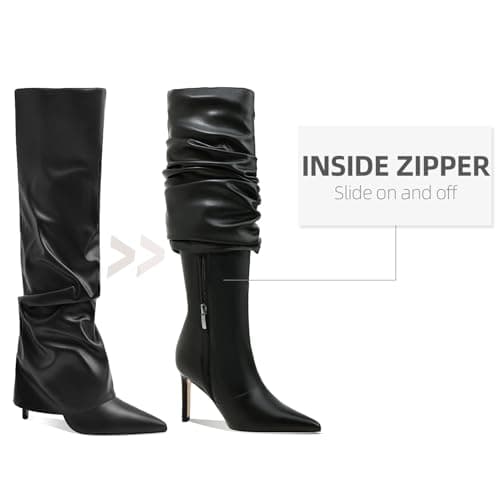 MOTIMODEN Women's Knee High Black & White Pointed Toe Fold-Over Zipper Boots