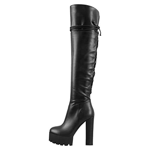 Richealnana Women's Platform Over-the-Knee High Boots — Black Pu Leather