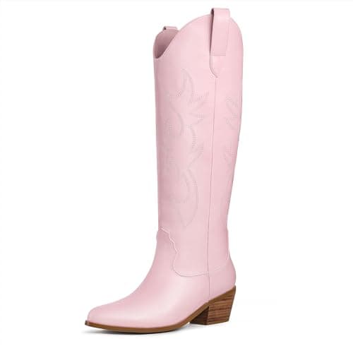 Ouepiano Women's Knee High Embroidered Cowboy Boots — Pink