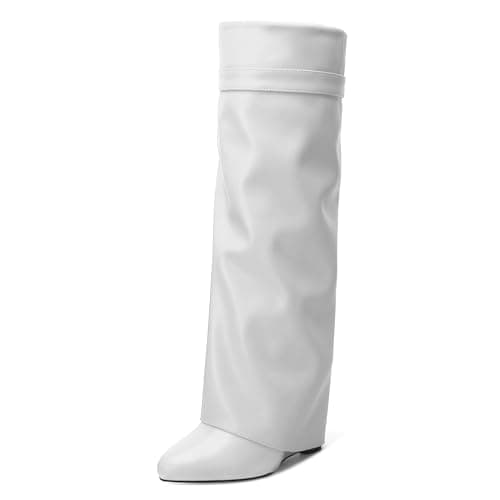 DEMOSHINE Women's Knee High Zipper Fold Over Wedge Heel Boots — White
