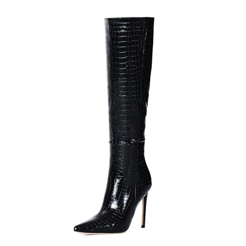 Elisabet Tang Women's 4 inch Stiletto Knee High Boot Leather Suede — Black Grain