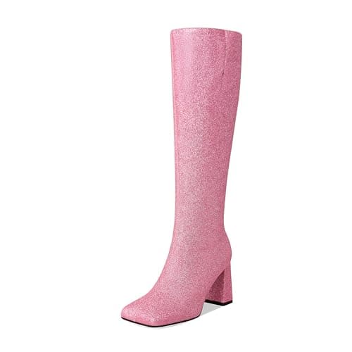 COMJUY Sparkly Sequin Glitter Knee High Boots for Women — Pink