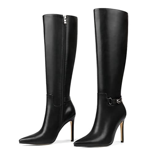 COLETER Women's Knee High Stiletto Buckle Dress Boots with Slouch Zipper — Black Matte