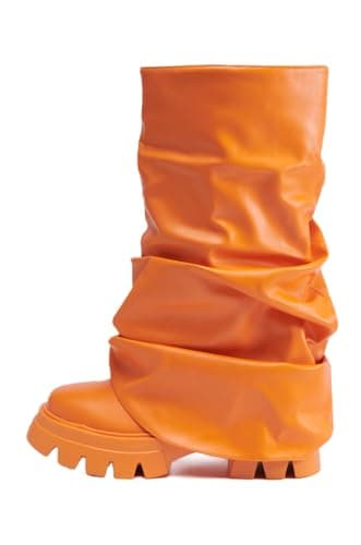 Sexytag Women's Metallic Slouchy Foldover Platform Round Toe Boots — Orange