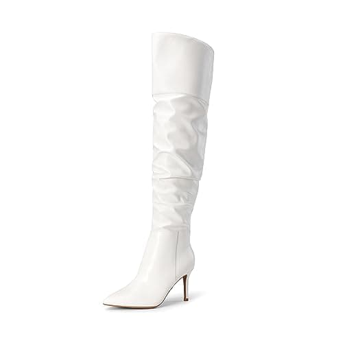 Dream Pairs Women's Knee High Stiletto Pointed Toe Boot — White-pu
