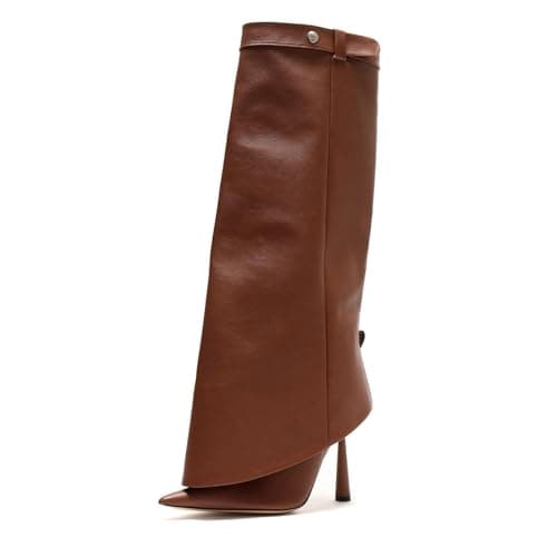 Goolita Women's Pointed Toe Knee High Stiletto Heel Fold Over Boots Fashion & Comfortable — Brown Stud