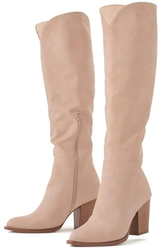 Putu Women's Knee High Faux Leather Pointed Toe Western Heel Boots — Leather-nude