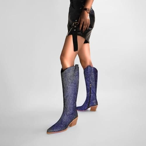 Gothictor Sparkly Knee High Cowboy Boots for Women