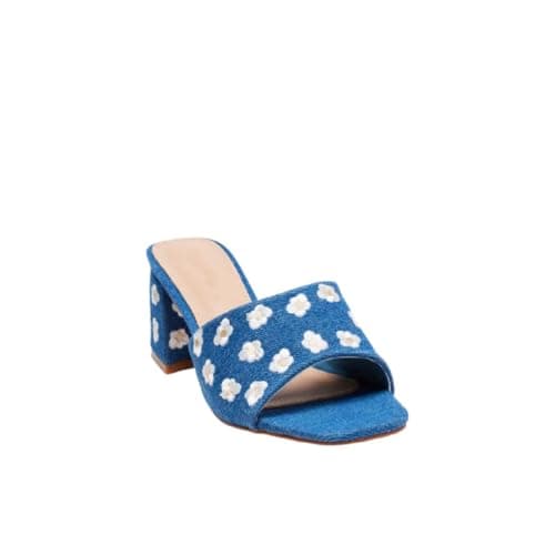 Richealnana Women's Chunky Block Heel Flower Mule Sandals — Blue