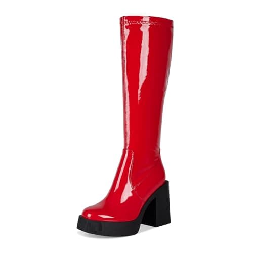 Wetkiss Chunky Heel Stretch Knee High Boots for Women — Patent Red Rib Details