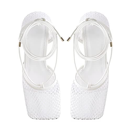 Richealnana Women's Square Toe Mesh Strappy Lace-Up Sandals