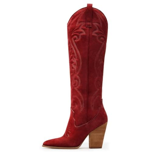 WIRALOMI Women's Embroidered Knee High Cowboy Boots with Chunky Heel — Faux Suede Red