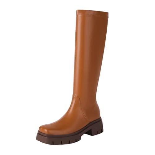Vivianly Women's Knee High Chunky Heel Zip Boots — Brown-platform-2.36in Heel