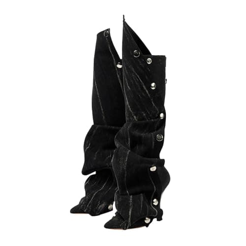 KaroNairy Women's Knee High Stiletto Boot with Detachable Panel — Denim Dark Blue