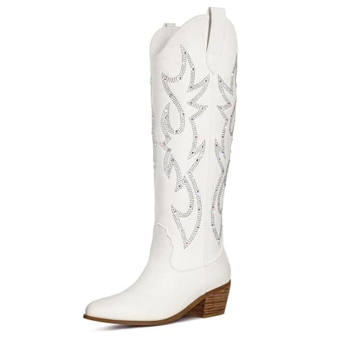Ouepiano Women's Knee High Embroidered Cowboy Boots — White & Rhinestones