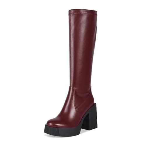 Wetkiss Chunky Heel Stretch Knee High Boots for Women — Burgundy Rib Details