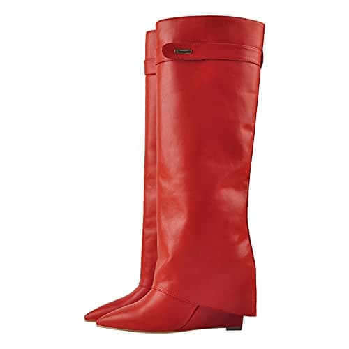 Richealnana Women's Fold Over High Heel Knee High Boots — Red