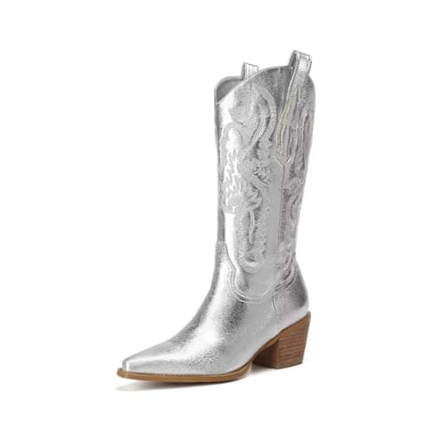 Vintage Gold Embroidered Western Cowgirl Boots — Silver
