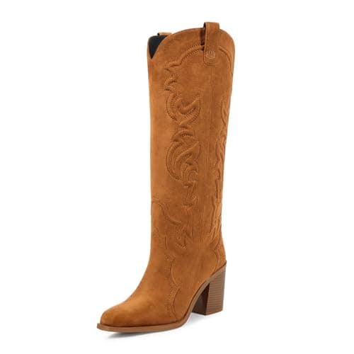 Wetkiss Women's Embroidered Knee High Cowboy Boots with Chunky Heel — Suede Dark Brown/Knee High