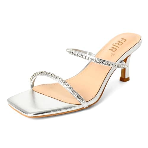 FRJR Women's Sparkly Rhinestone Kitten Heel Sandals with Stiletto Strap for Party Prom Wedding — Silver_a