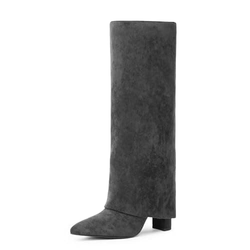 Modatope Chunky Heel Knee High Zipper Boots for Women — Grey Suede