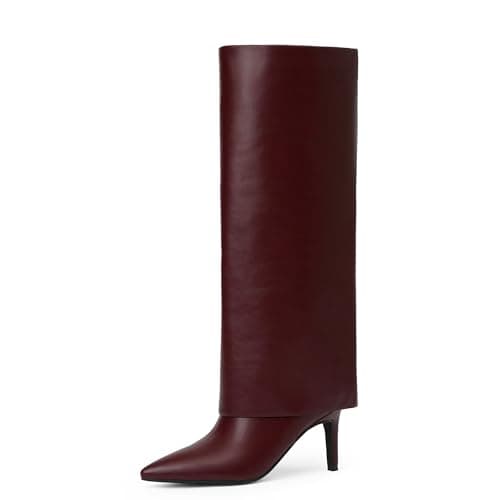 VIUGJNEX Women's Pointed Toe Stiletto Heel Zipper Knee High Boots — Burgundy Pu
